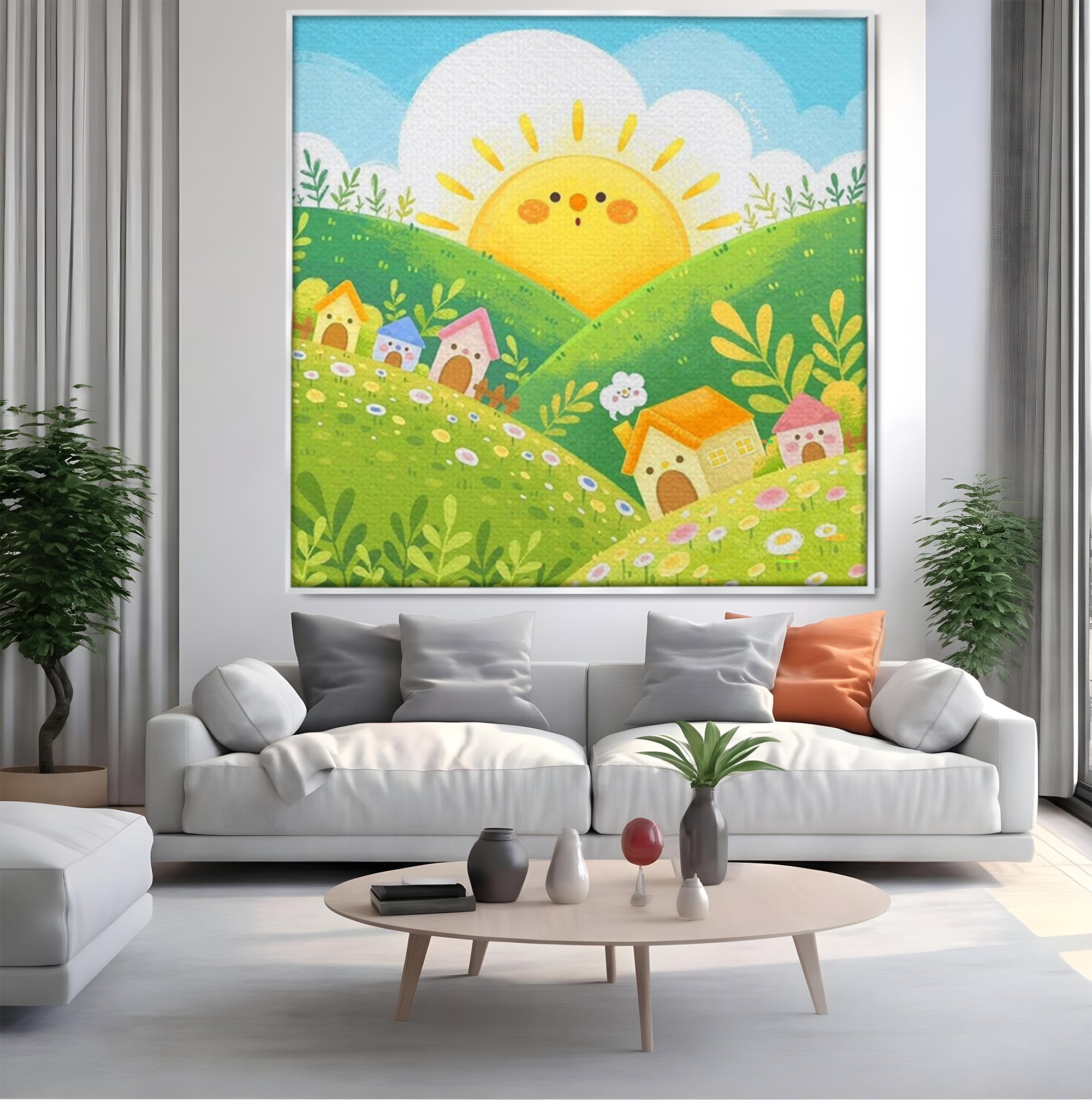 Tablou canvas cu ilustratie cu soare zambitor si casute, in rama de aluminiu argintiu, pe perete intr-un living